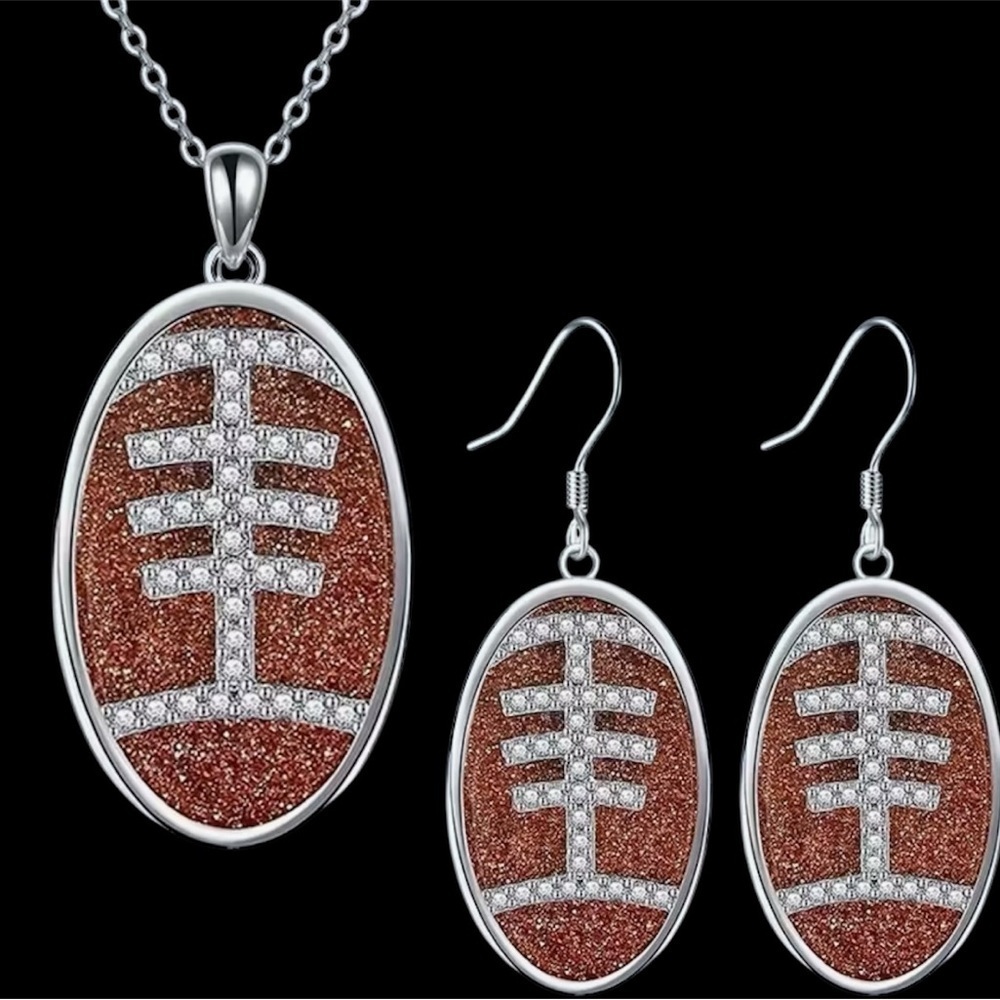 Elegant Silver and Brown Football Pendant Necklace and Earring Set